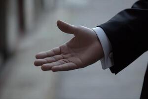 Elegant hand reaching out in a formal setting, blurred background suggests anticipation photo