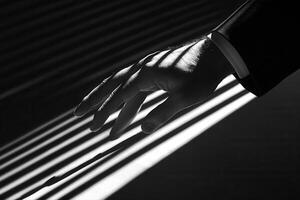 Elegant black and white image of a hand reaching out, casting shadows in a minimalistic space photo