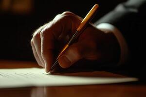 A businessman in a suit writes a letter with a golden pen on a wooden desk in a dimly lit room photo
