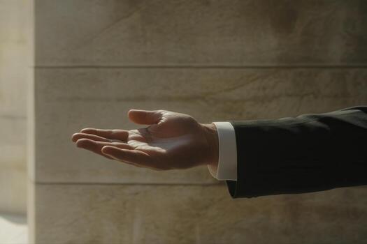 Elegant hand gesture in a formal setting, showcasing a welcoming pose against a textured backdrop photo