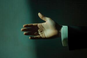 Elegant hand reaching out in soft light, suggesting invitation or connection in serene space photo