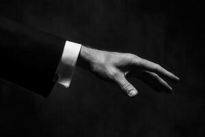 Elegant male hand extending in a formal suit against a dark background, suggesting invitation photo