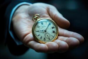 Close-up of a vintage pocket watch held in a hand, showcasing intricate details and elegance photo