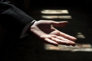 Elegant hand extended in soft light, suggesting invitation or offering in a serene setting photo