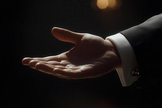 Elegant hand gesture in formal attire against a softly lit background, conveying invitation photo