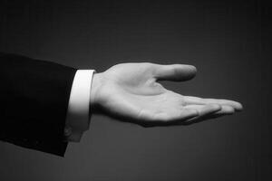 Elegant hand gesture in formal attire against a dark background, suggesting invitation or offer photo