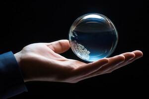 A hand gently holding a crystal-clear orb reflecting light against a dark background photo
