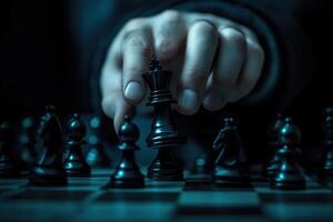A close-up of a hand moving a black king piece during a chess game in a dimly lit room photo