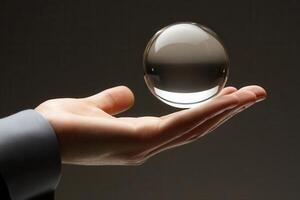 A hand gently holds a translucent bubble, reflecting soft light against a dark background photo