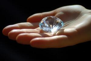 A hand delicately holding a sparkling diamond, illuminated by soft light against a dark backdrop photo
