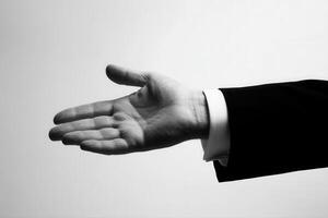 Elegant hand gesture in a formal suit, symbolizing invitation or greeting against a minimal background photo
