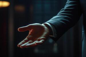 Elegant hand gesture in a dimly lit room, suggesting invitation or collaboration photo