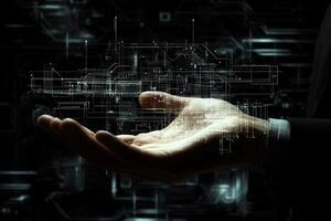 A business professional presenting a digital interface in a futuristic setting photo