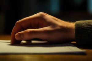 Close-up of a human hand resting on a blank sheet of paper in a dimly lit room photo