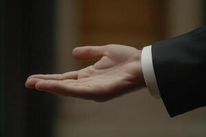 Elegant hand gesture of a businessman in formal attire, showcasing professionalism indoors photo