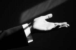 Elegant hand gesture in formal attire reaching out, illuminated by soft light photo
