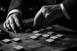 Close-up of a man's hand pointing at wooden tiles on a rustic table, emphasizing focus and strategy photo