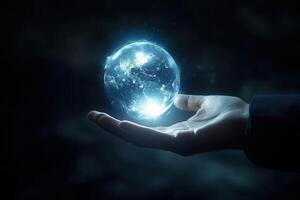 A human hand gently cradles a glowing globe symbolizing global unity and care photo