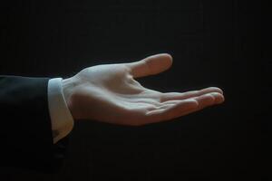 Elegant hand gesture in formal attire against a dark background, inviting or presenting photo