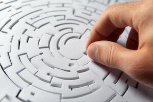 A hand navigating a complex paper maze, showcasing focus and problem-solving skills photo