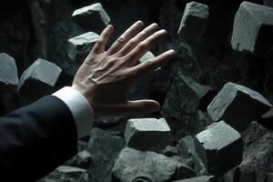 A business professional's hand reaching towards levitating stones in a rocky environment photo