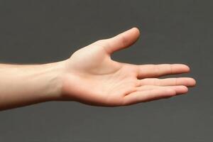 A human hand extended in a welcoming gesture against a neutral gray background photo