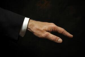 Elegant hand gesture in a formal setting, showcasing sophistication against a dark backdrop photo