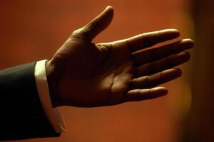 Close-up of an outstretched hand in a formal suit against a warm, blurred background photo