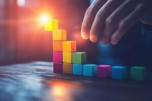 Colorful building blocks being stacked by a hand, symbolizing growth and creativity photo