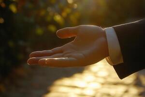 Elegant hand reaching out in a sunlit garden, symbolizing openness and connection photo