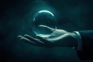 A business professional holding a glowing bubble in a dark, misty environment photo