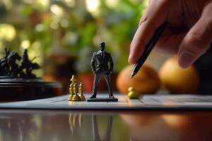 A hand poised to move a chess piece on a tactical board, with a miniature businessman figure photo