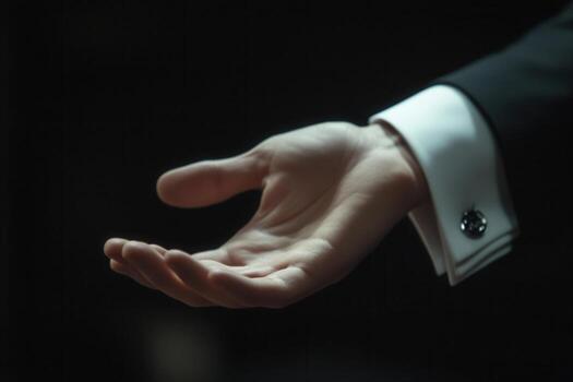 Elegant hand gesture in a formal setting, showcasing refined attire against a dark backdrop photo