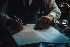 A man in a vest and shirt writing on documents at a desk with a vintage lamp and clock photo