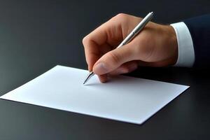 Elegant hand holding a pen poised over a blank sheet of paper on a dark surface photo