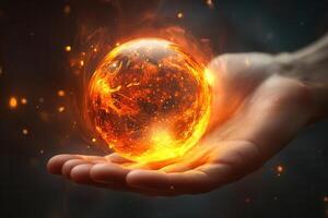 A glowing orb of fire held in a hand, symbolizing power and energy in a dark setting photo