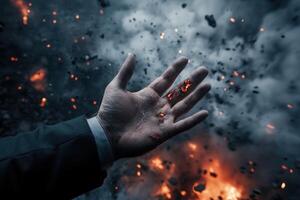 A hand emerging from an explosion, showcasing resilience amidst chaos and destruction photo
