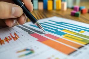 Detailed analysis of colorful graphs and charts on a wooden desk with a pen in hand photo