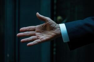 Elegant hand gesture of a businessman in a dark, modern office setting, conveying confidence photo
