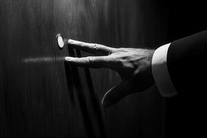A businessman in a suit reaching for a doorbell in a dimly lit corridor, creating intrigue photo