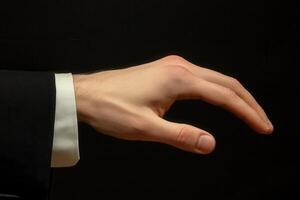 Elegant hand gesture in a formal suit against a dark background, conveying sophistication photo