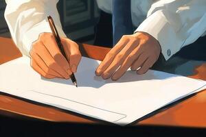 Close-up of a man in a formal shirt signing a document on a wooden desk with a pen photo