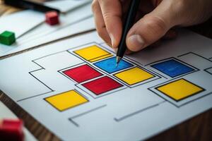 Creative hand drawing a colorful layout design with markers on paper, showcasing planning photo