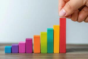 Colorful wooden blocks arranged in a growth chart, with a hand adding to the highest bar photo