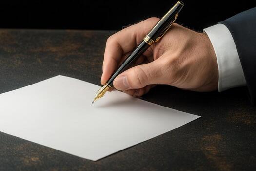 Elegant hand poised with a fountain pen above a blank sheet of paper on a dark surface photo