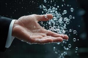A business professional's hand reaching out to catch bubbles in a serene underwater setting photo
