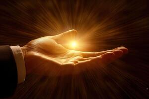 A hand reaching out with a glowing light, symbolizing hope and opportunity against a dark backdrop photo