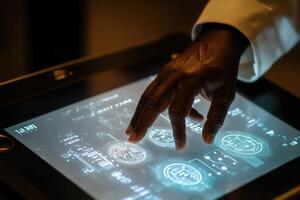 A close-up of a hand interacting with a futuristic touchscreen displaying data and graphics photo