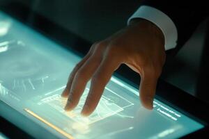 A business professional interacts with a futuristic touchscreen display in a modern office photo
