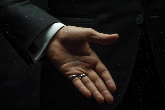 Elegant hand in a suit extending with rings visible, set against a dark, textured background photo